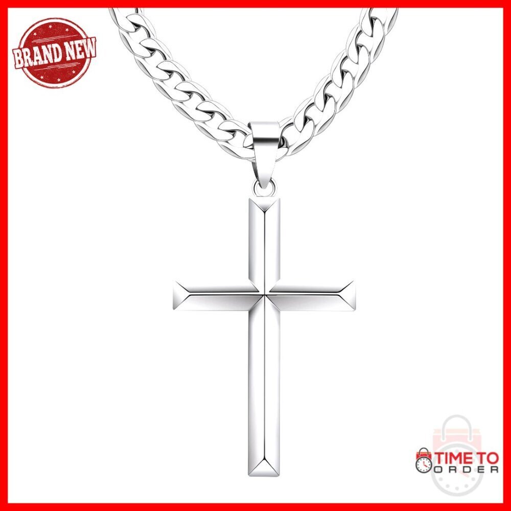 Sterling Silver Cross Necklace with Stainless Steel Cuban Chain 22 Inch